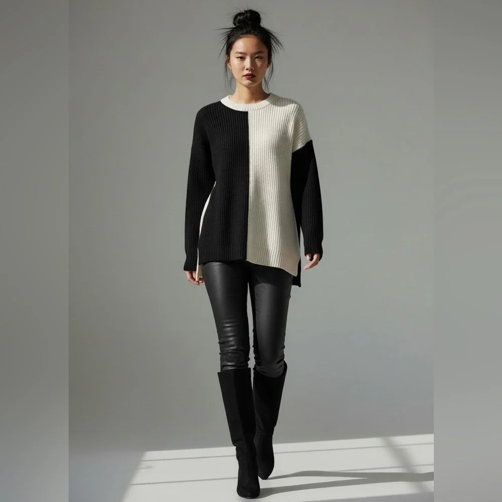 Alice + Olivia Black & Cream Colorblock Oversized Sweater | Size L - Picture 2 of 9